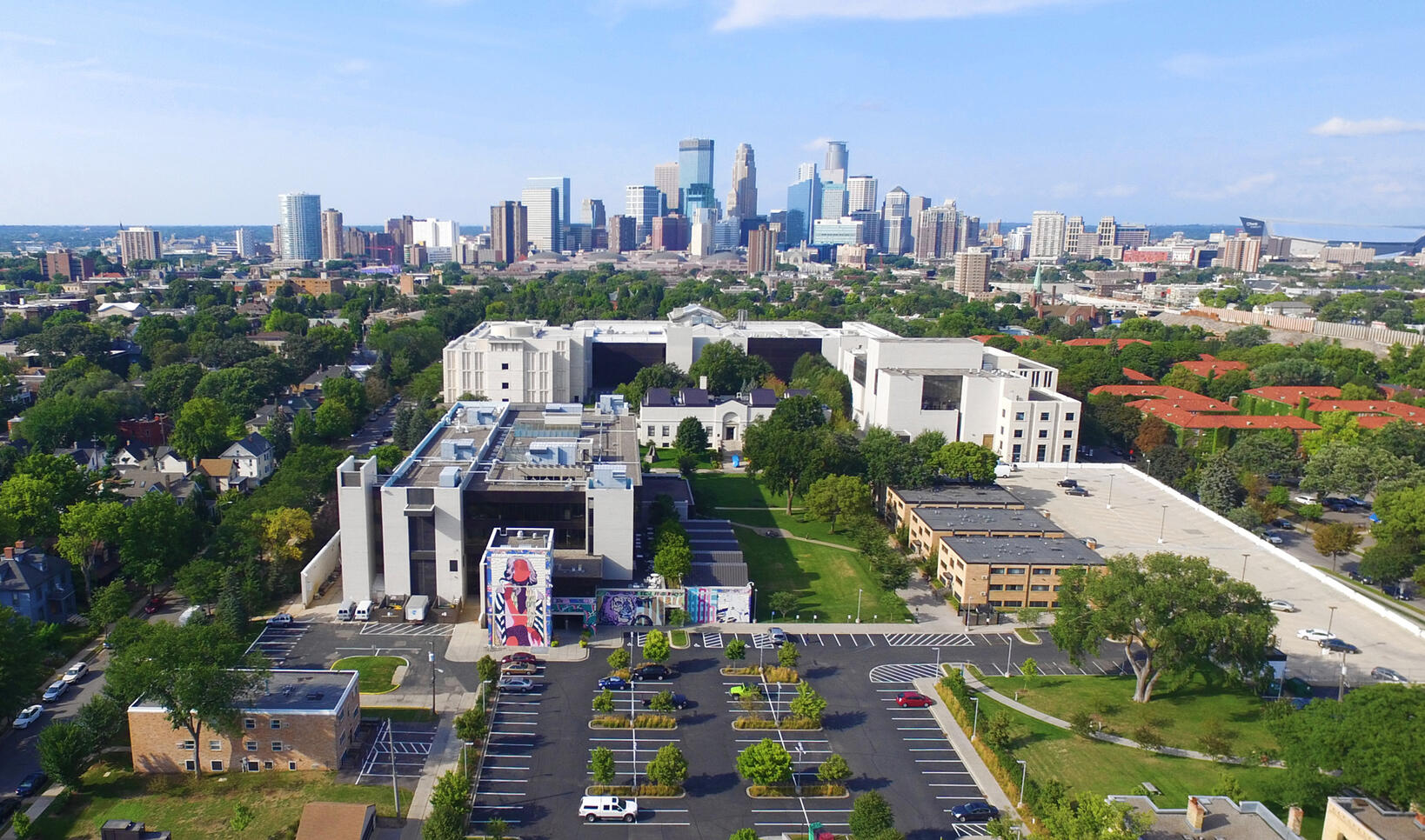 Aerial view of MCAD's campus with Mia and the minneapolis skyline in the background