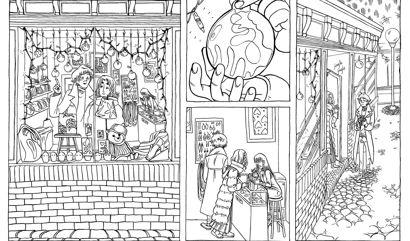 Two characters enjoying shop ornaments in this wintery comic. ; Edith Voges