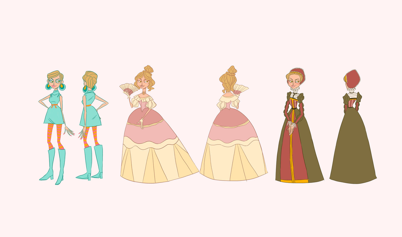 Original character dressed in different costumes for iconic decades. ; Michayla Grbich