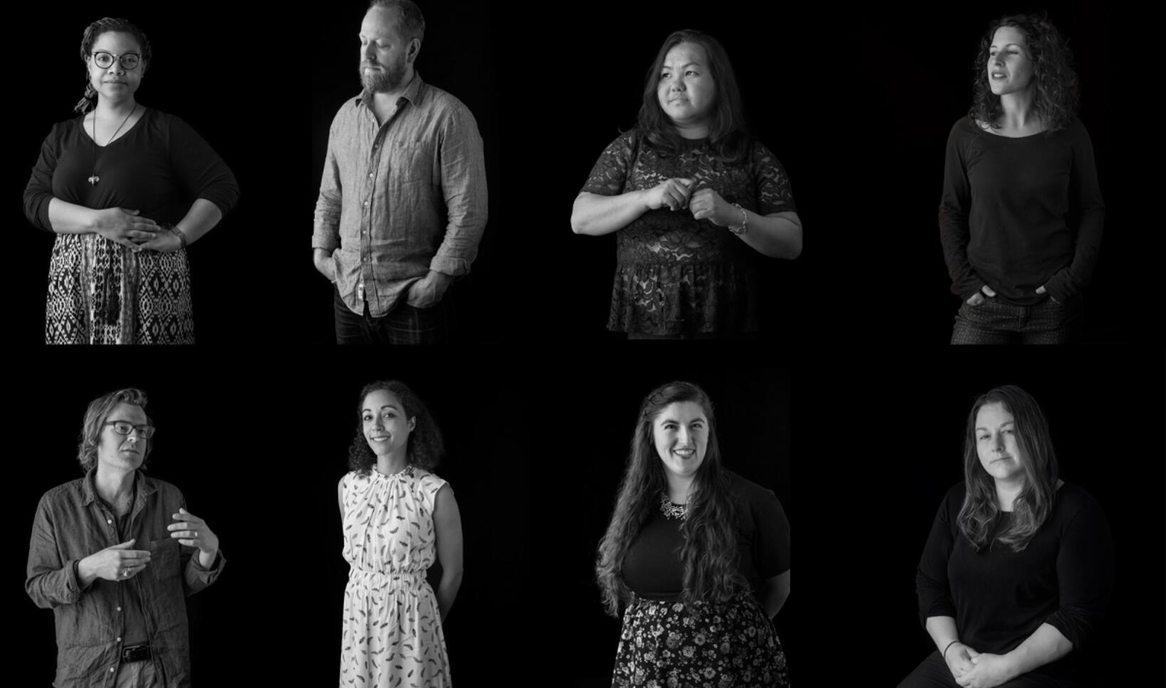 Clockwise from top left: Gardner,Benson, Her, Buffalohead, Haller, Edelman-Brier, Kent, Heikes ; Clockwise from top left: Gardner,Benson, Her, Buffalohead, Haller, Edelman-Brier, Kent, Heikes. Photo by Rik Sferra