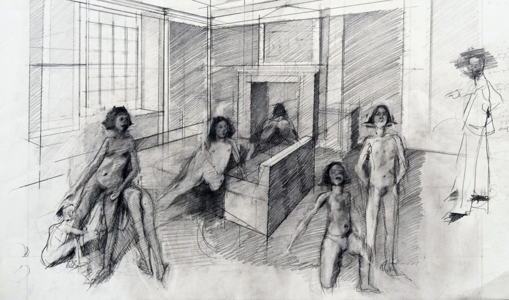 Pencil on paper drawing of eight different figures ; Genevieve DeLeon
