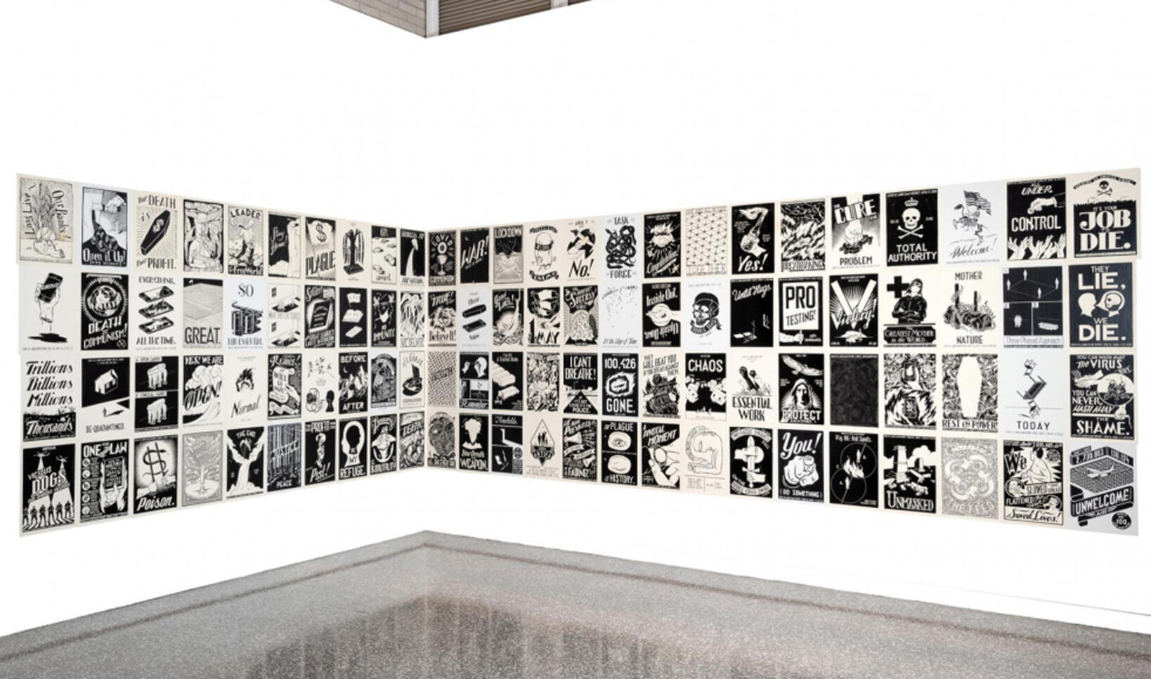 Many different monochrome prints all displayed on a wall ; Piotr Szyhalski