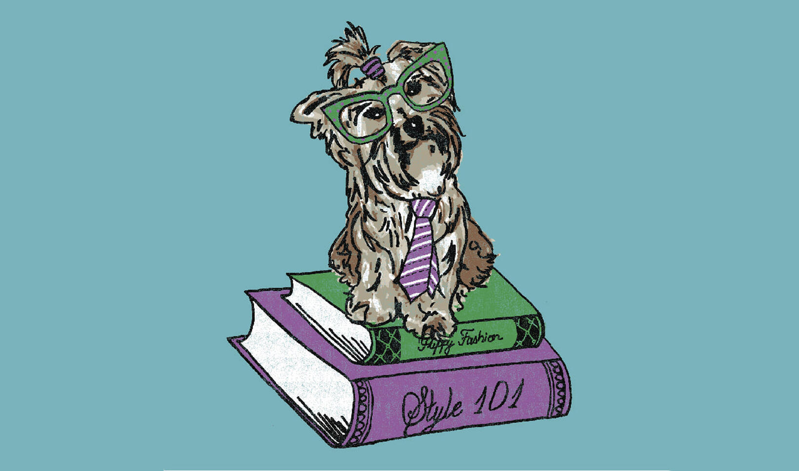Drawing of a yorkie on a stack of books ; Ajda Mesic