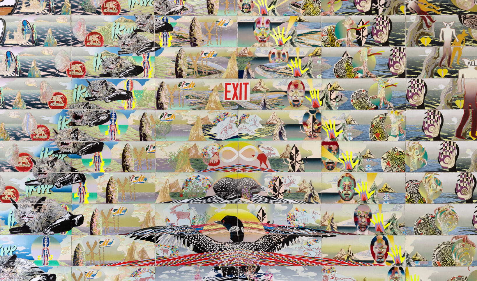 Abstract and busy painting consisting of many different squares including abstract landscapes, animals, and headshots  ; Andrea Carlson