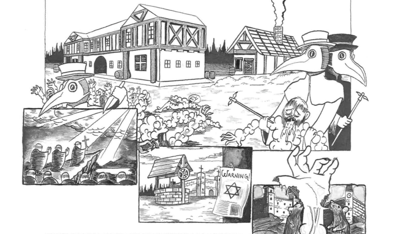 A black and white comic that features a zombie hand coming out of the ground, several plague doctors, several buildings and skeletons. ; Braedyn Dochterman