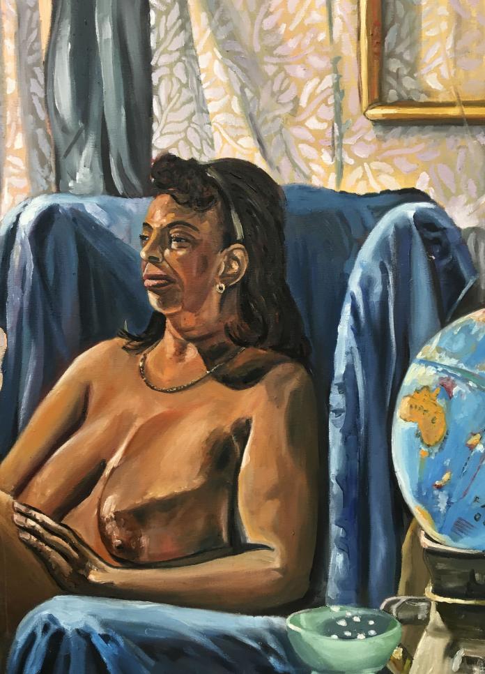 Figure painting with rich blues and browns to render the globe, drapery, and model. ; Kira Fennell