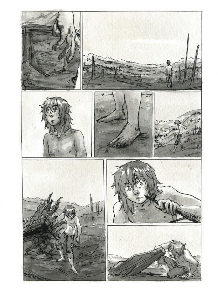 Multivalued comic page of a figure searching the dirt for a plant. ; Sharon Sun