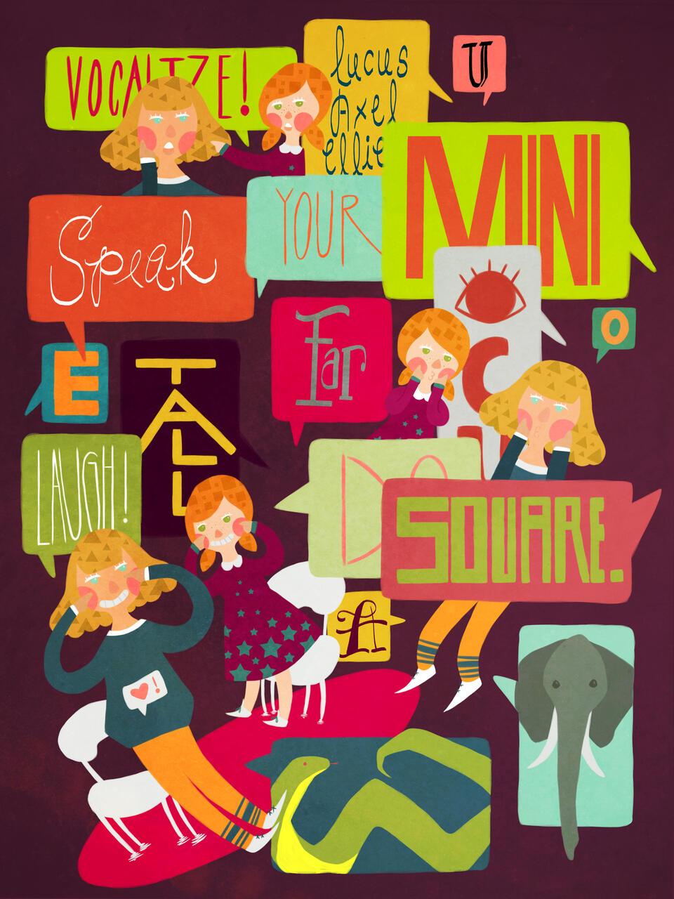 Brightly colored illustration featuring portraits, speech bubbles, and typograhpy.