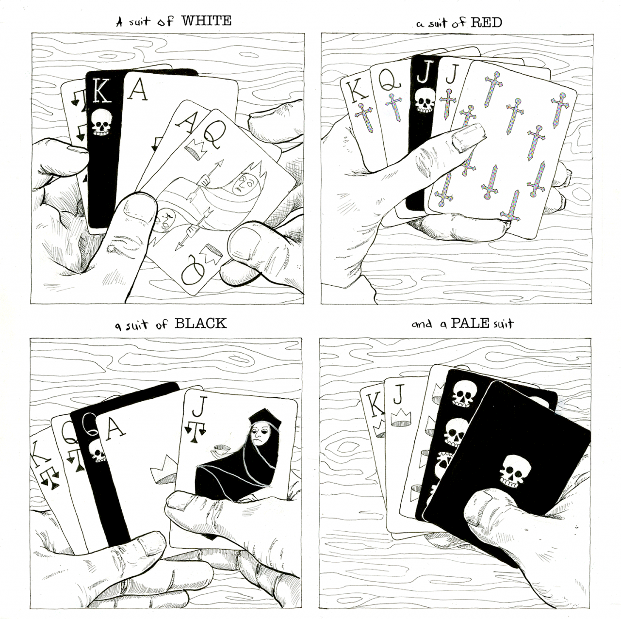 Comic page of four square panels, each with a different open hand of cards.