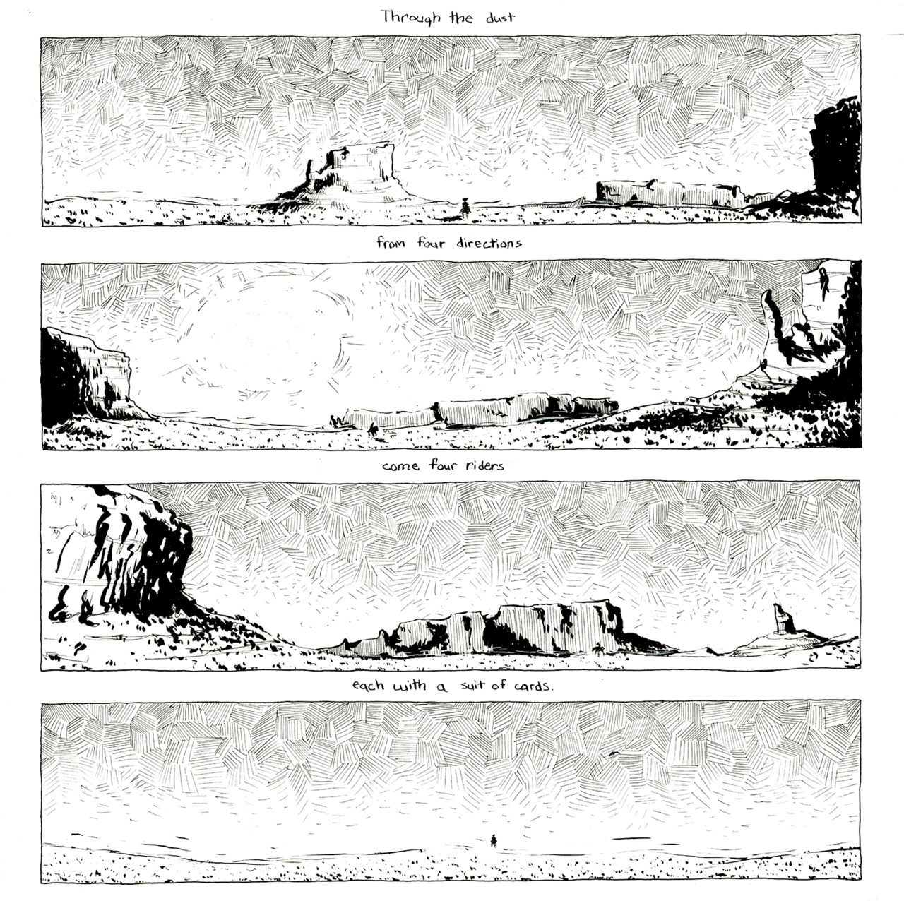 Comic page of four wide desert-filled panels.