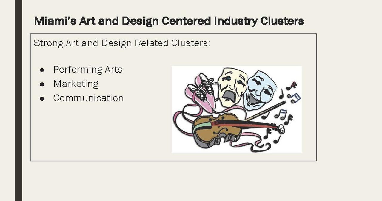 Presentation for Miami's art and design centered industry clusters.