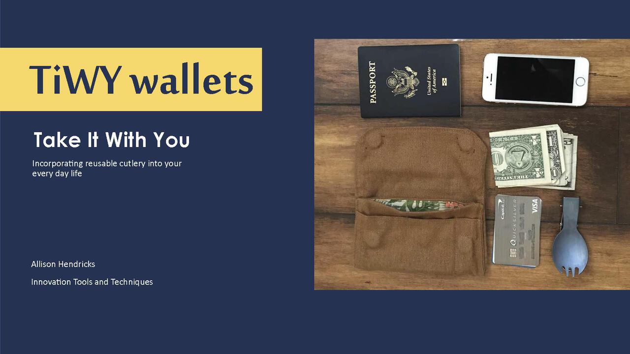 Presentation for a reusable wallet and cutlery product.
