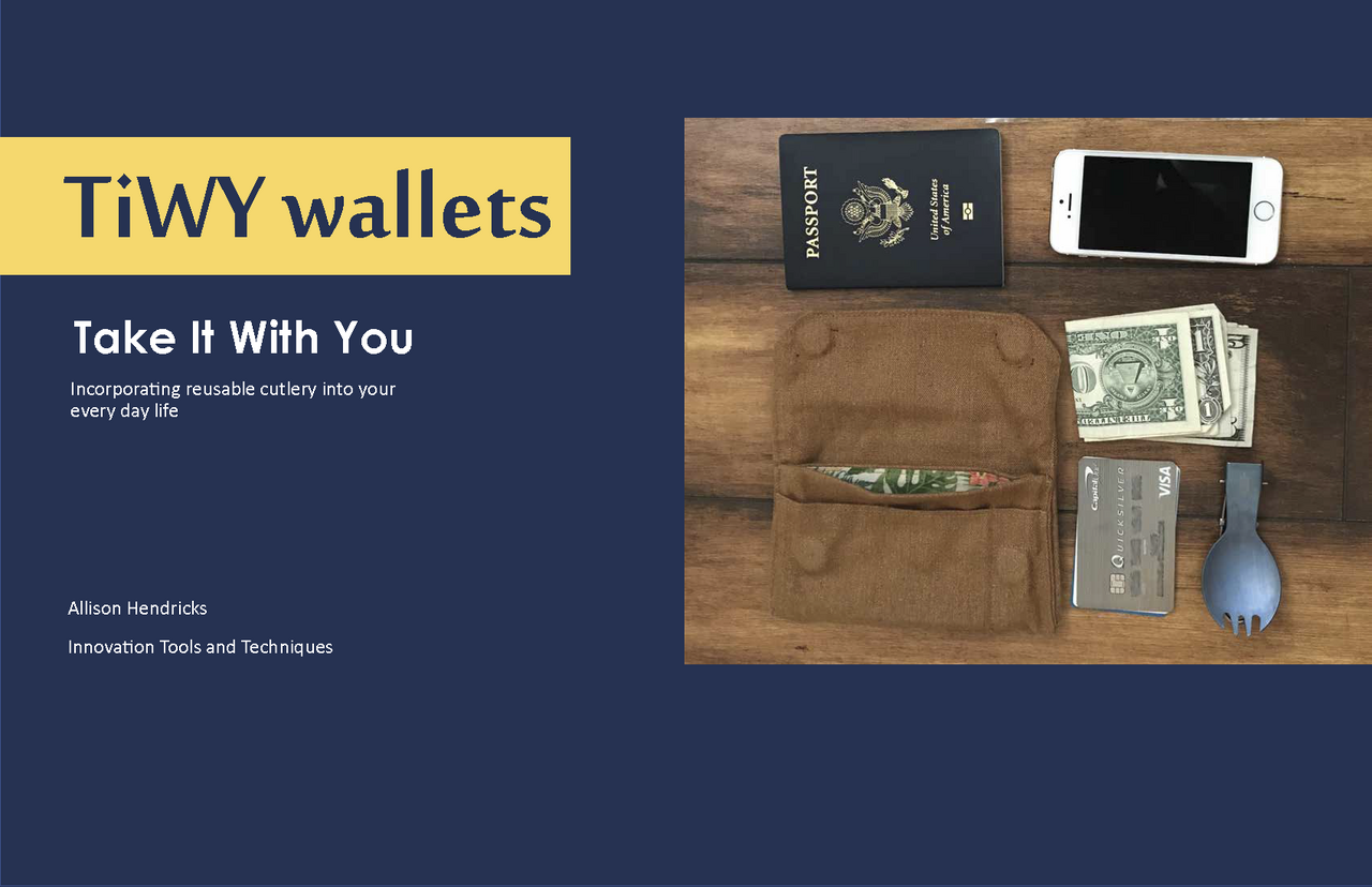 Presentation for a reusable wallet and cutlery product.