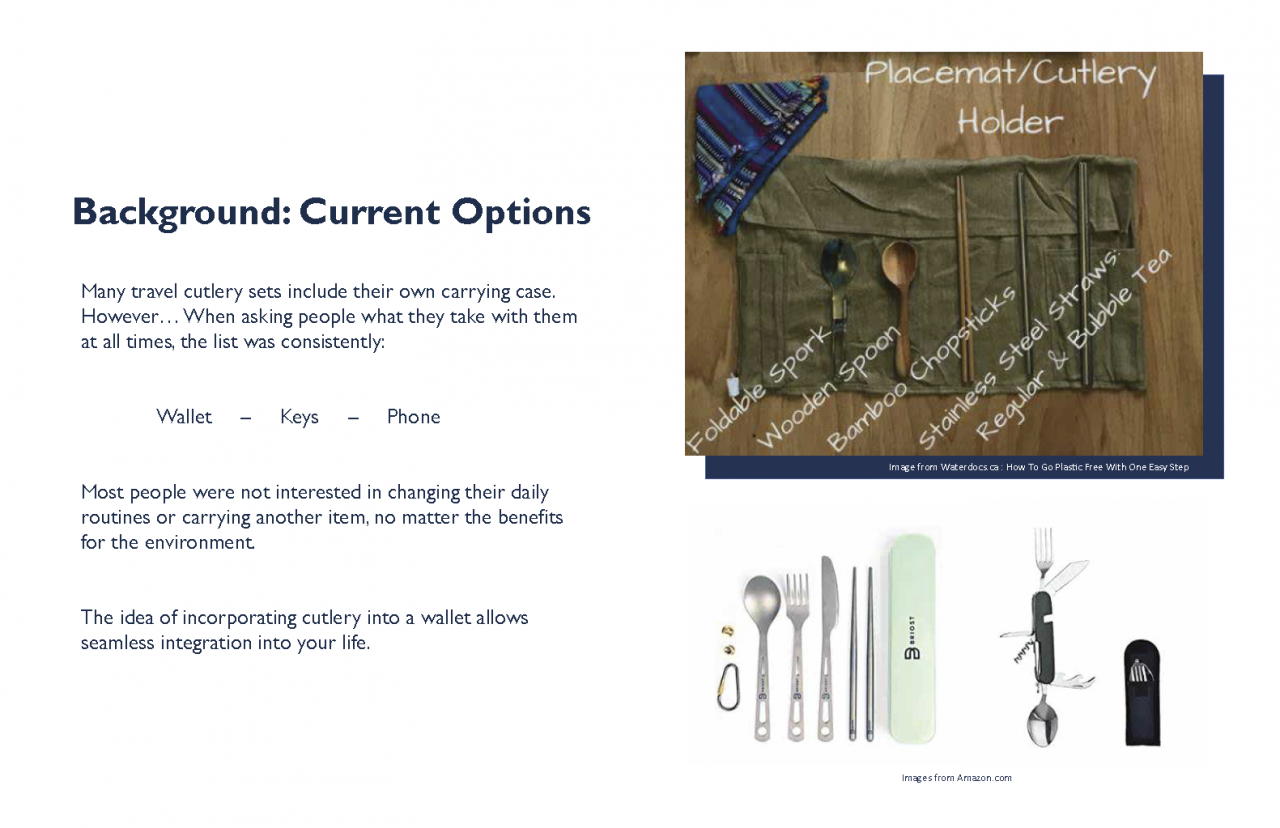 Presentation for a reusable wallet and cutlery product.
