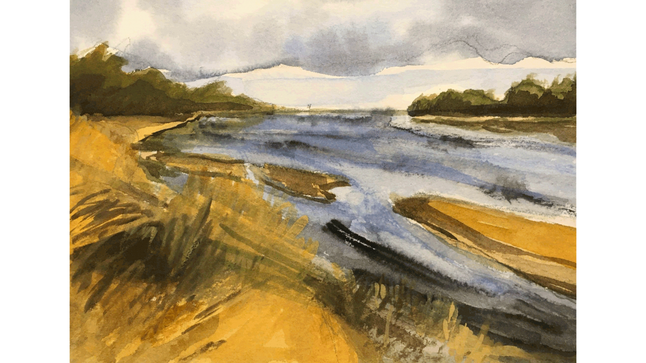 Watercolor landscape painting of the Platte River in Nebraska