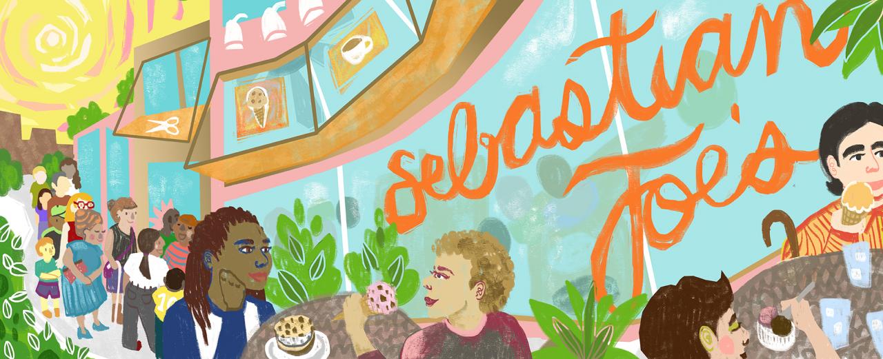 Warmly colored illustration of people enjoying ice cream and waiting outside Sebastian Joe's.