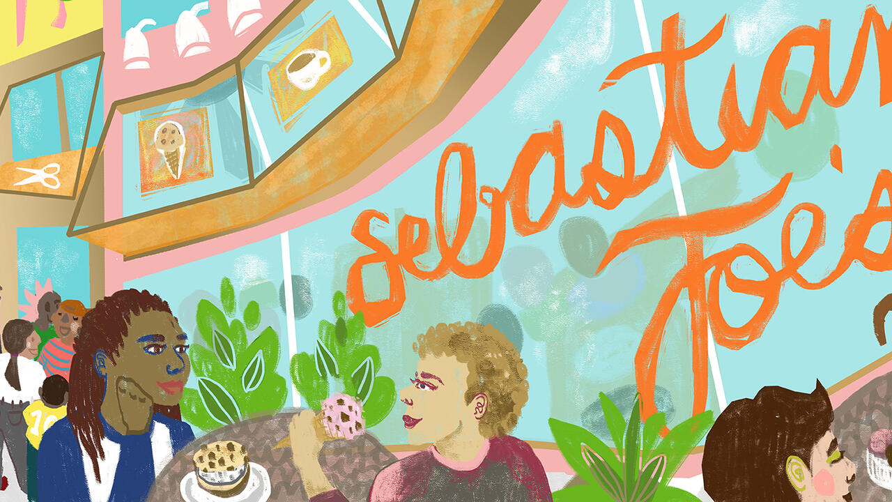 Warmly colored illustration of people enjoying ice cream and waiting outside Sebastian Joe's.