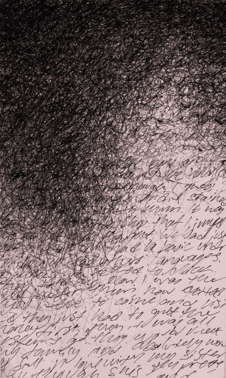 A drawing featuring condensed ink shapes that fade into words.