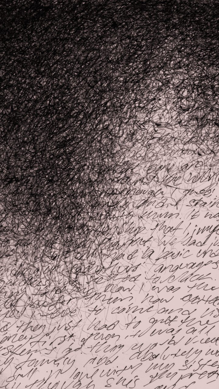 A drawing featuring condensed ink shapes that fade into words.