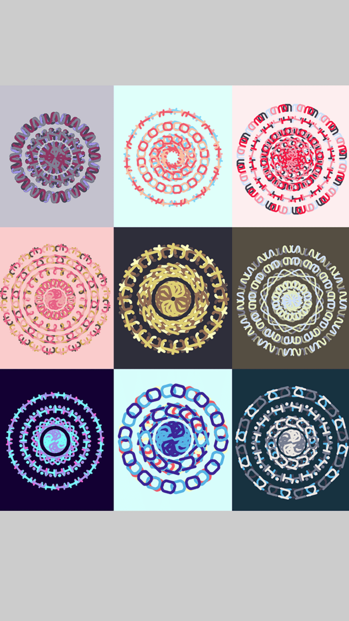 Experimental comic page composed of 9 square panels and circular shapes.