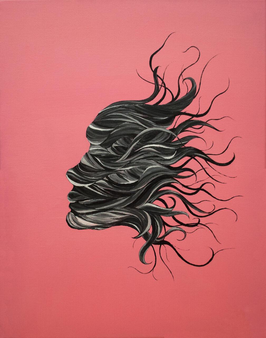 Canvas painting featuring a side profile portrait of blacks and greys against a pink background.