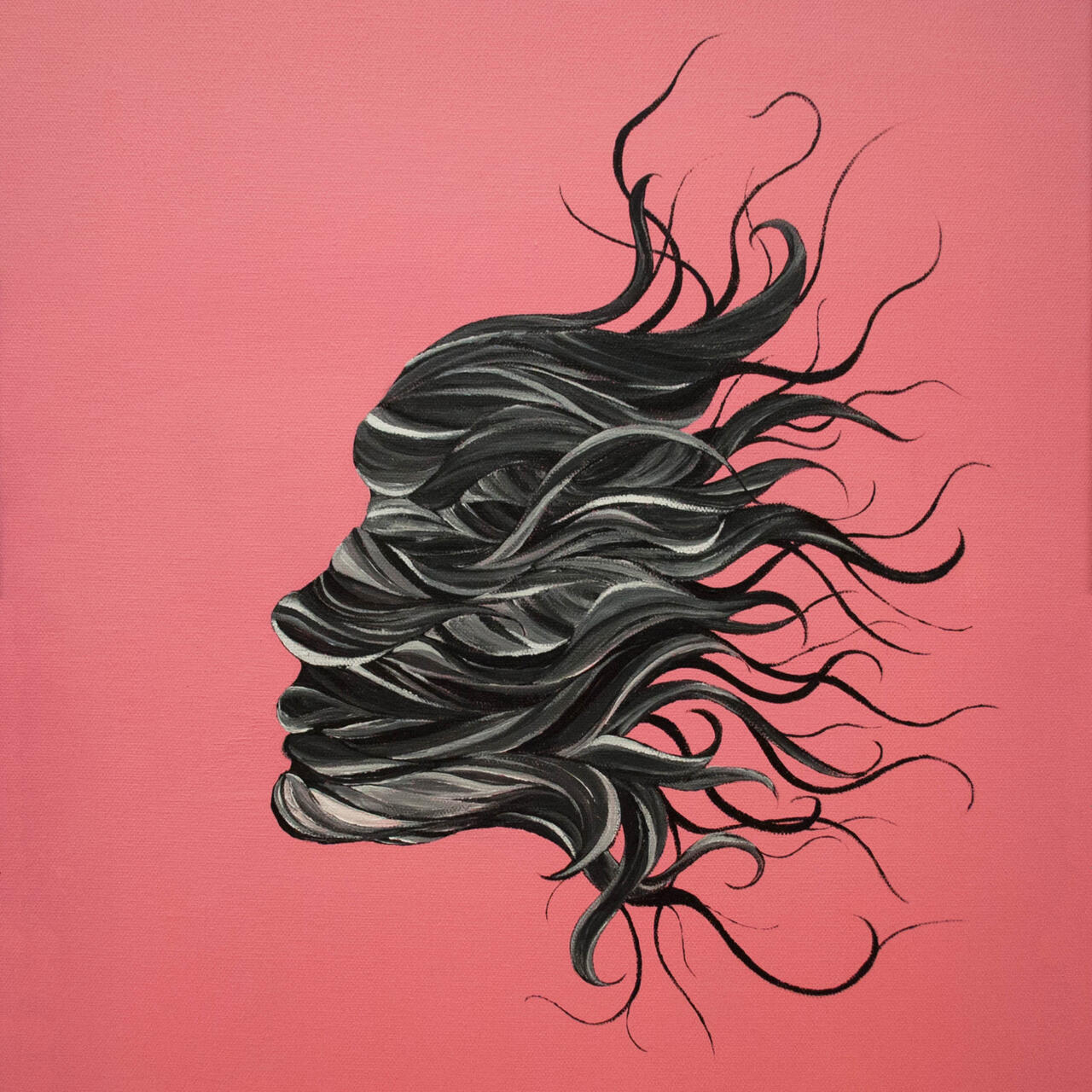 Canvas painting featuring a side profile portrait of blacks and greys against a pink background.