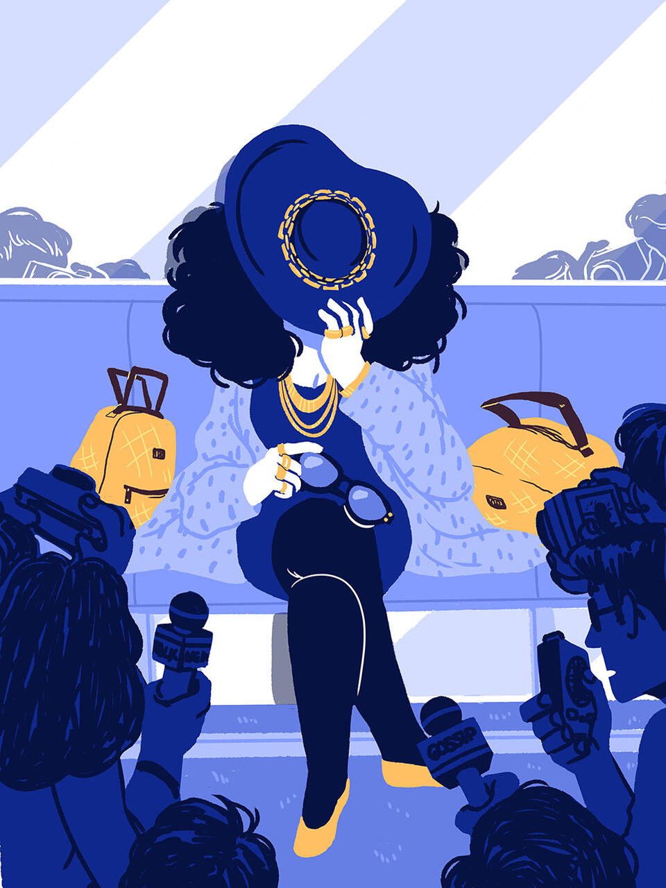 Portrait illustration in blue and gold of a figure covering their face with a hat.
