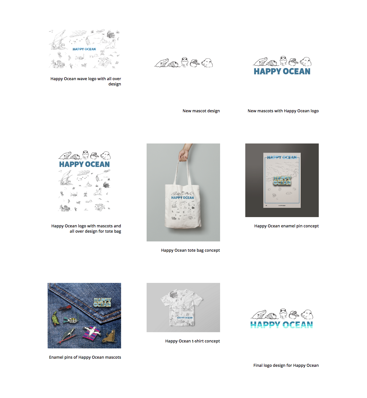 Happy Ocean logo on products such as tote bags, books, and pins. 