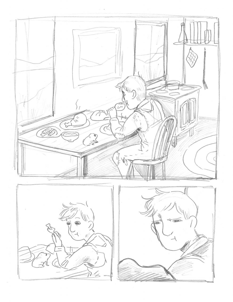 Comic page in graphite featuring an unexpected visitor and an unexpected reveal.