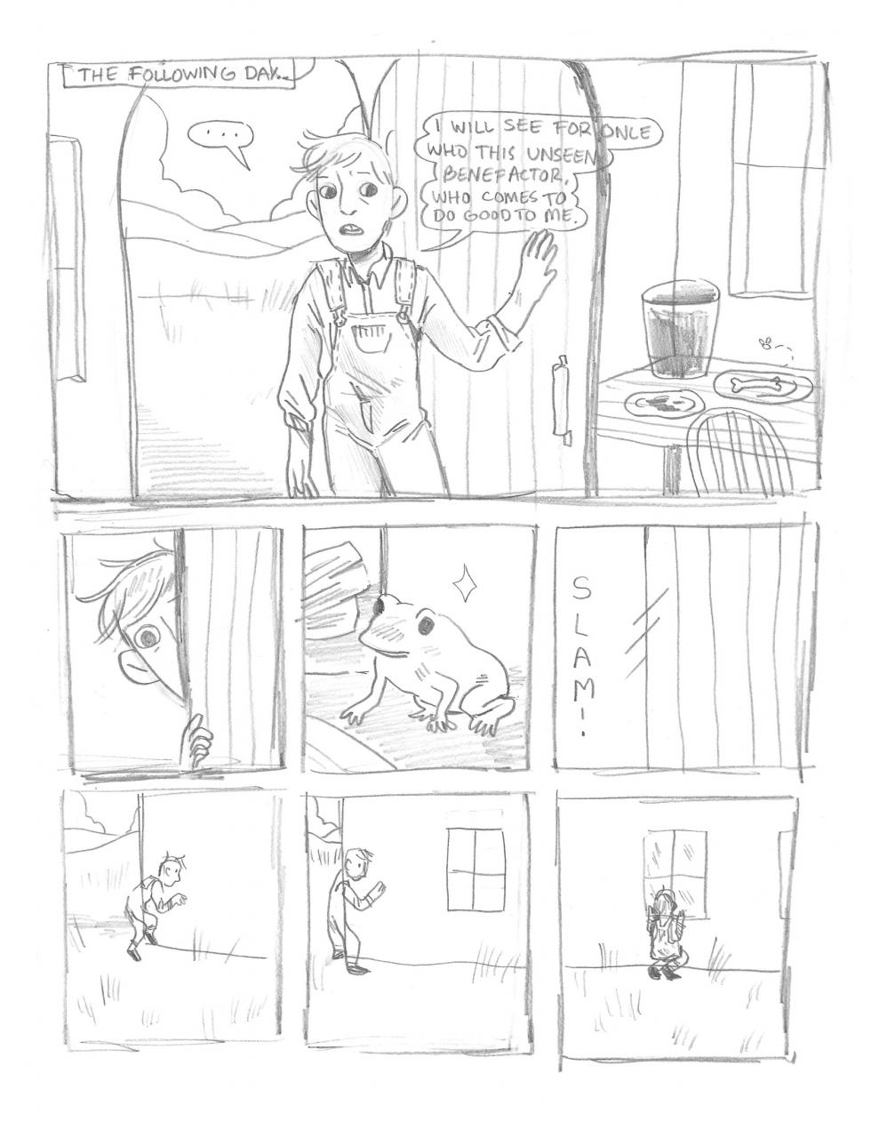 Comic page in graphite featuring an unexpected visitor and an unexpected reveal.