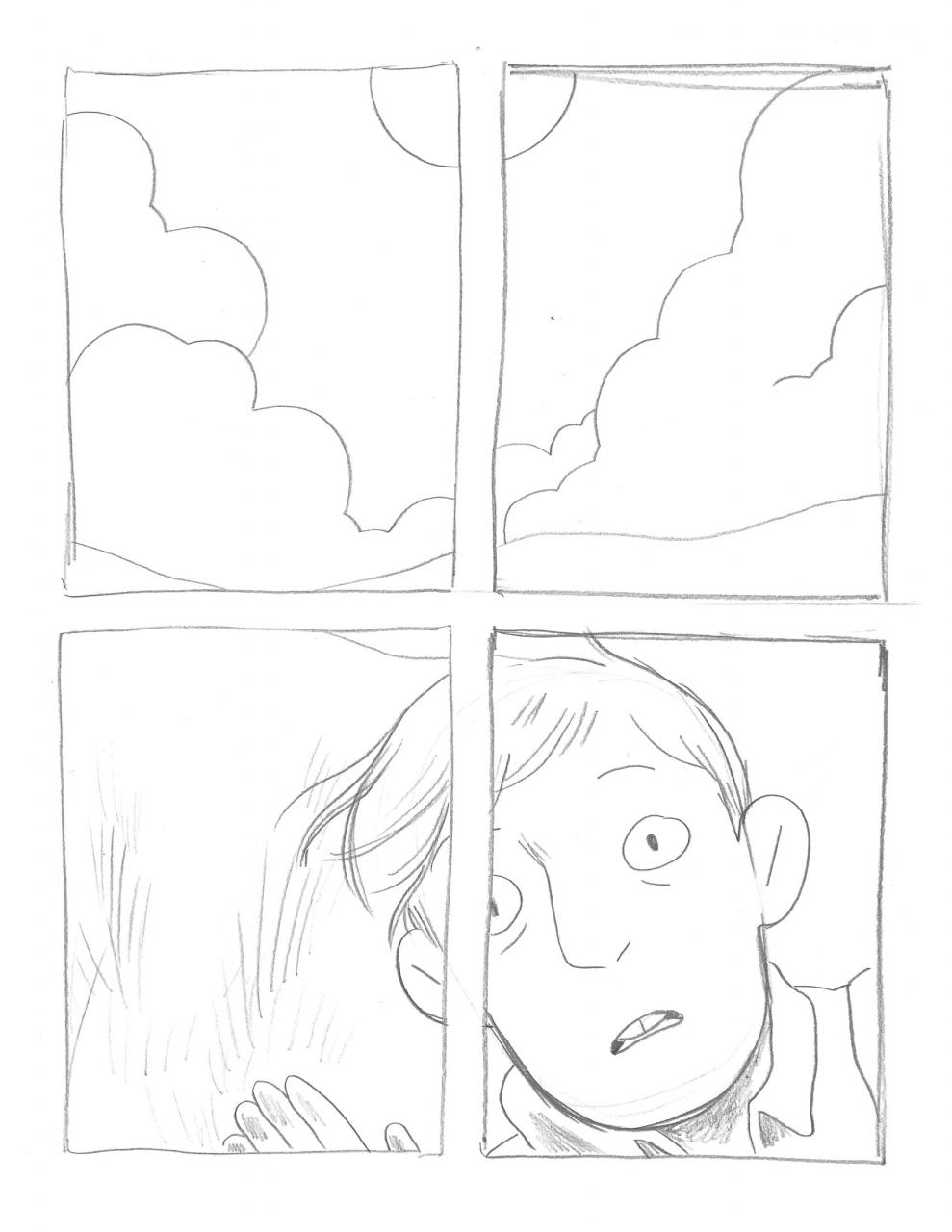 Comic page in graphite featuring an unexpected visitor and an unexpected reveal.