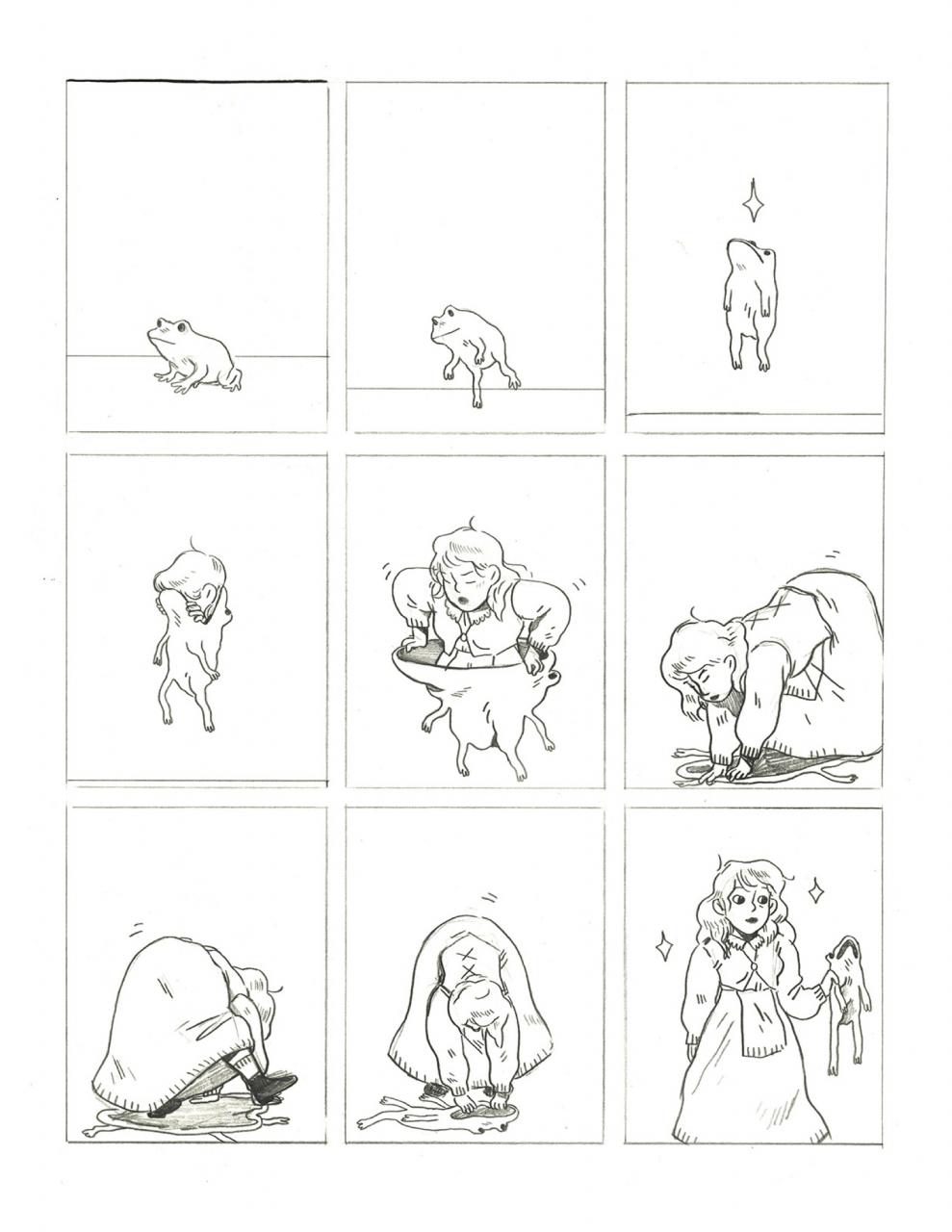Comic page in graphite featuring an unexpected visitor and an unexpected reveal.