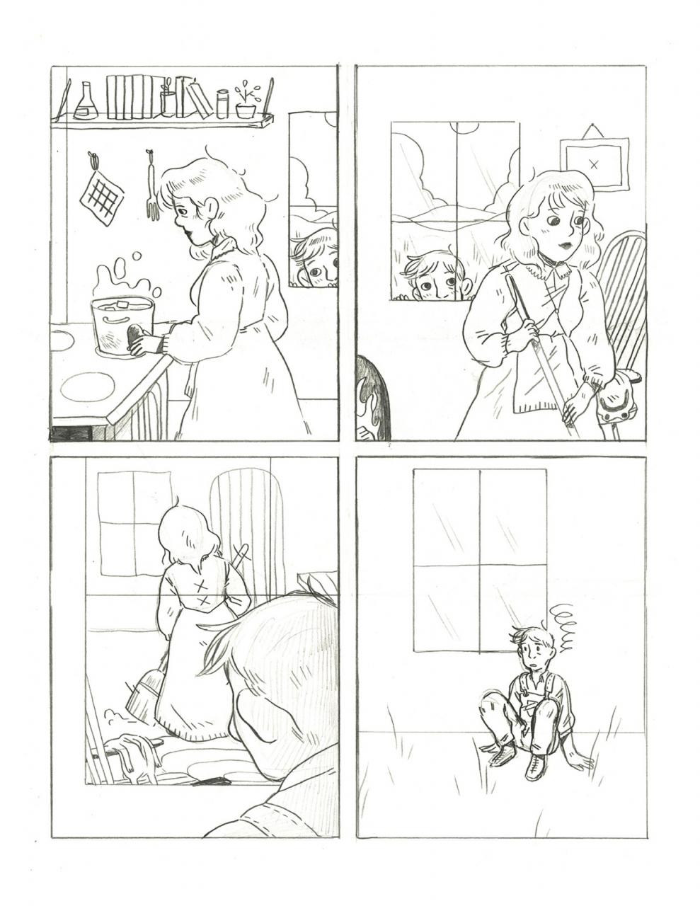Comic page in graphite featuring an unexpected visitor and an unexpected reveal.
