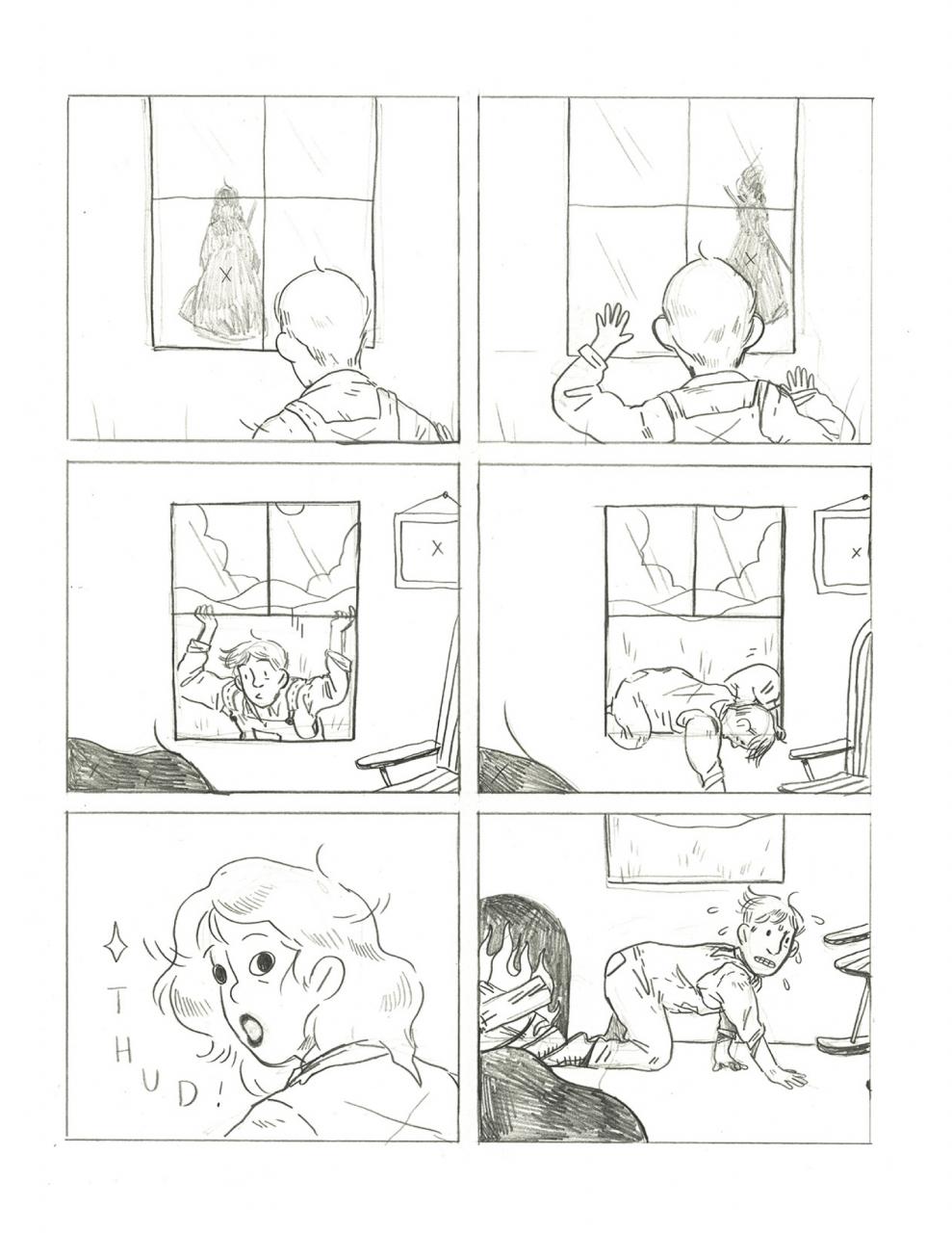 Comic page in graphite featuring an unexpected visitor and an unexpected reveal.