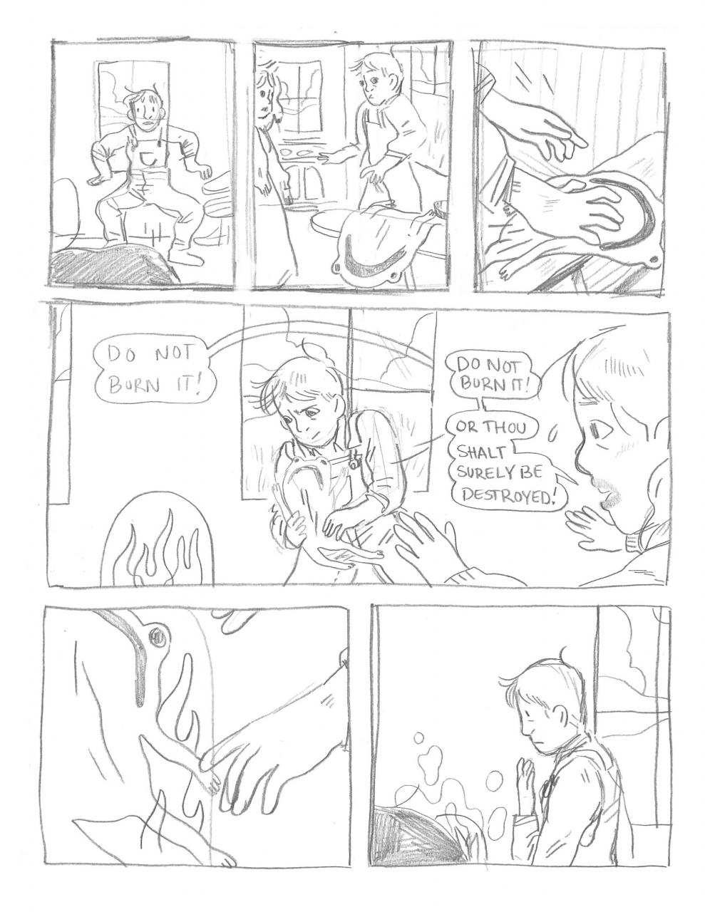 Comic page in graphite featuring an unexpected visitor and an unexpected reveal.