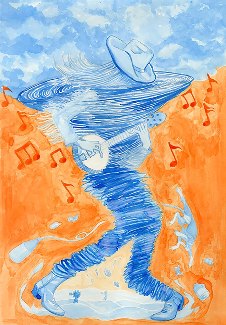 conceptual watercolor painting of person playing musical instrument