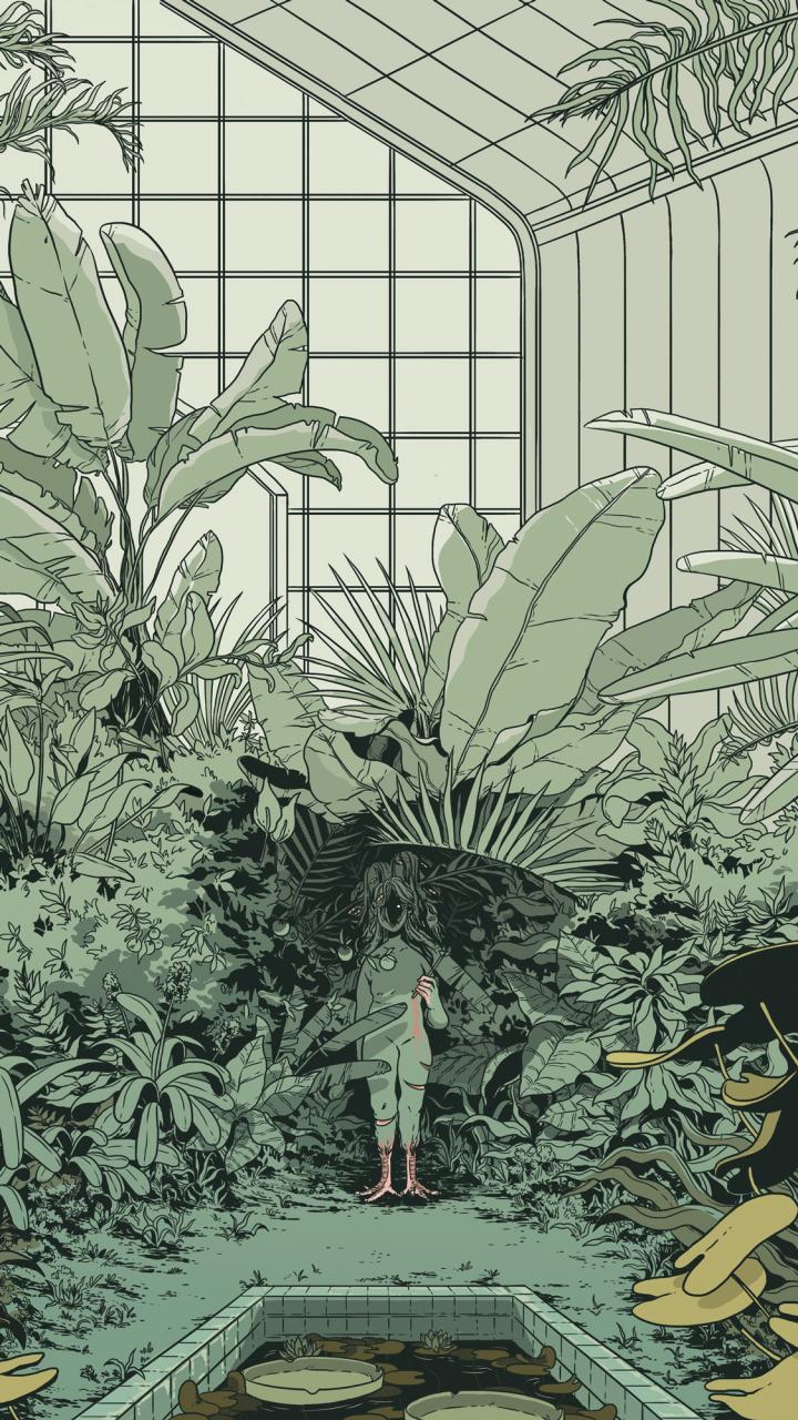 Illustration of a person sitting in a greenhouse.