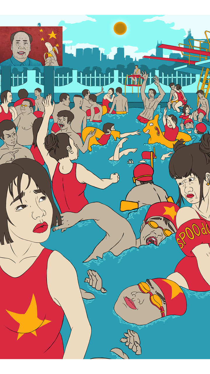 Illustration poster of people at swimming pool
