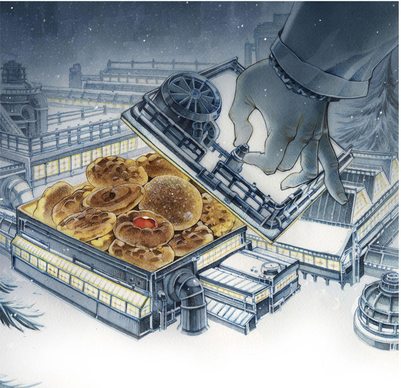 Editorial illustration of warm treats illuminated against a cool winter night.