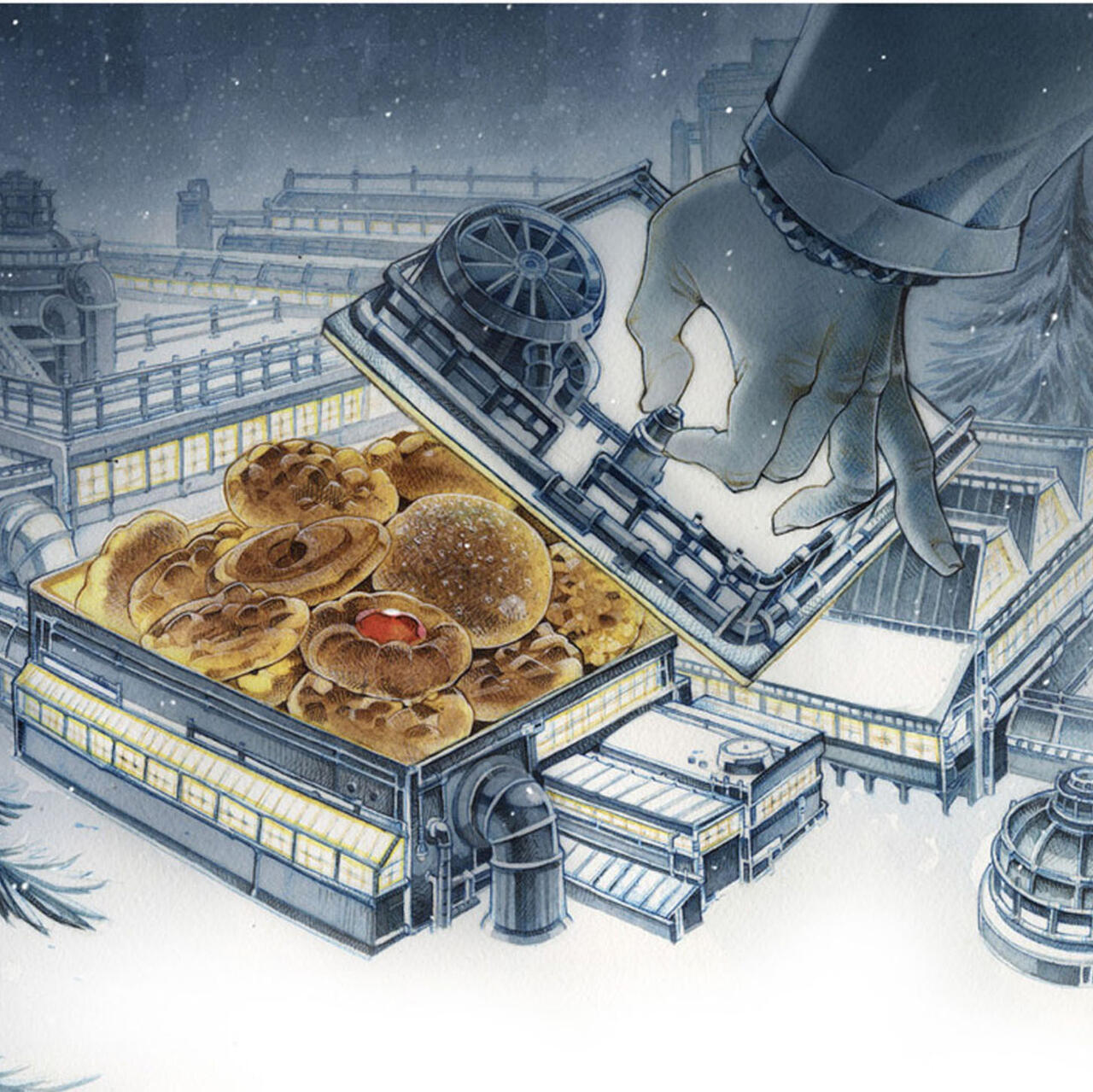 Editorial illustration of warm treats illuminated against a cool winter night.