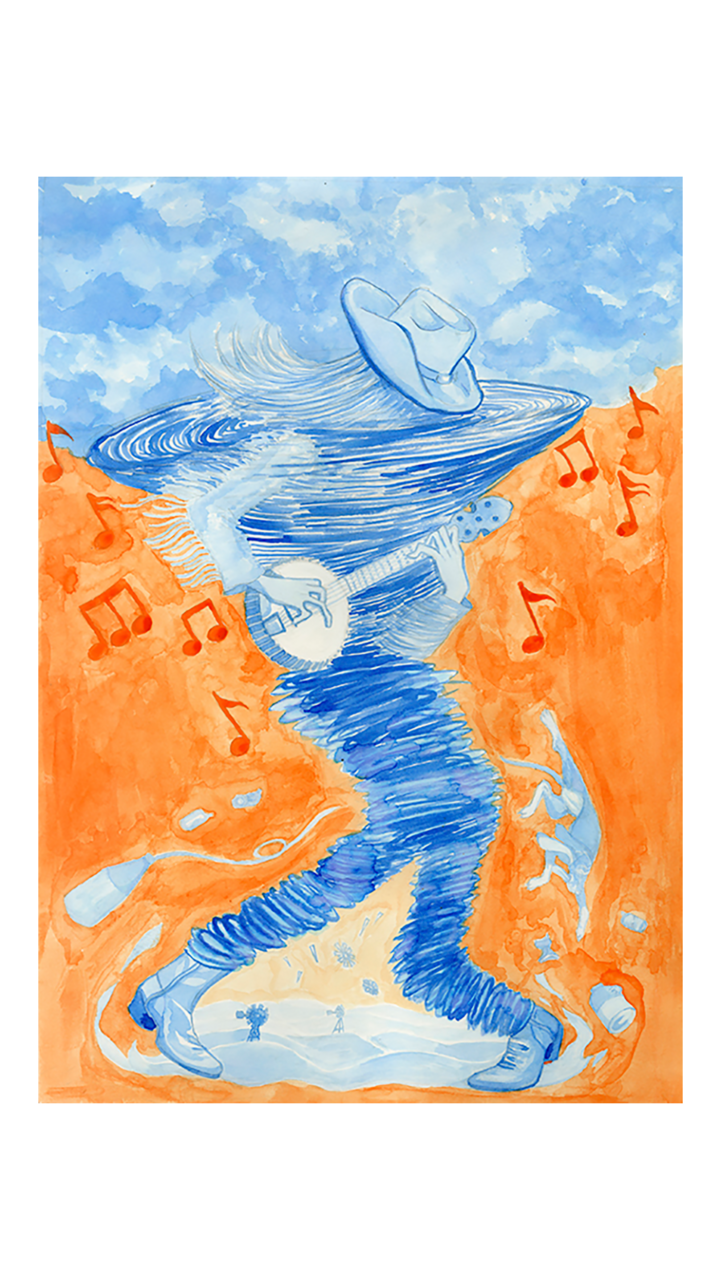 conceptual watercolor painting of person playing musical instrument
