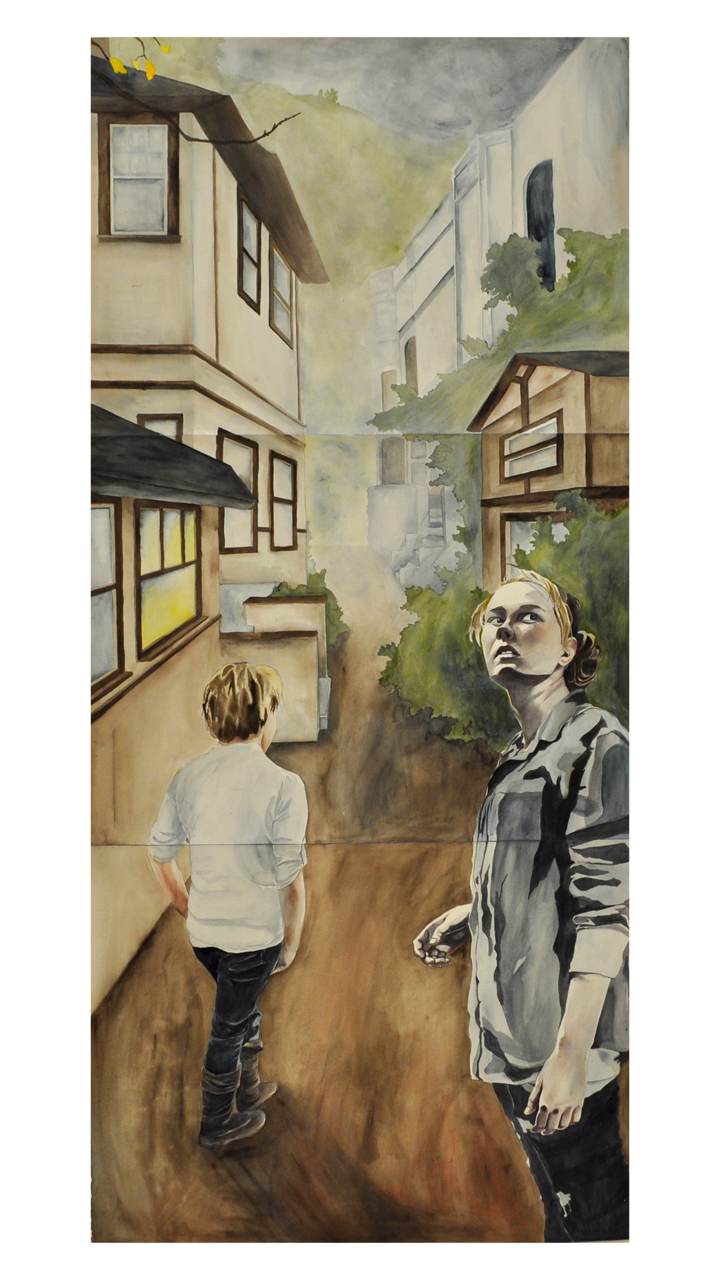 Watercolor painting of human figures and scene