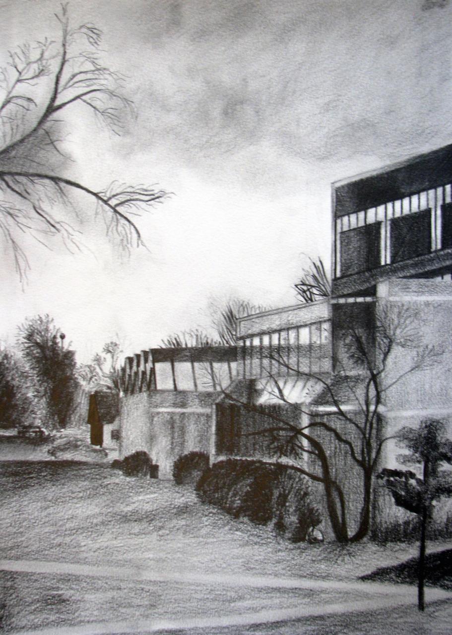 Charcoal landscape drawing of views around MCAD.