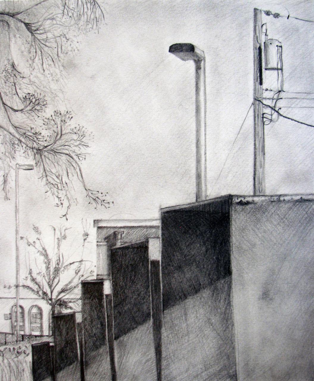 Charcoal landscape drawing of views around MCAD.