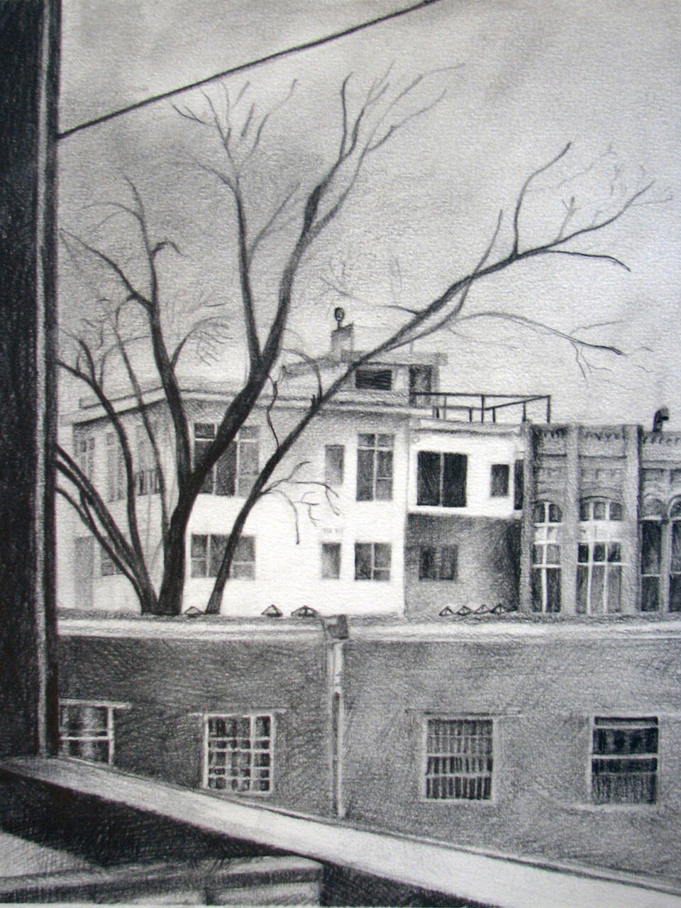 Charcoal landscape drawing of views around MCAD.