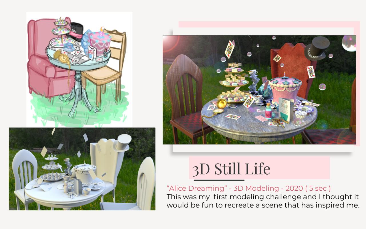 Sketches and stills from a 3D animation of a tea party from alice in wonderland