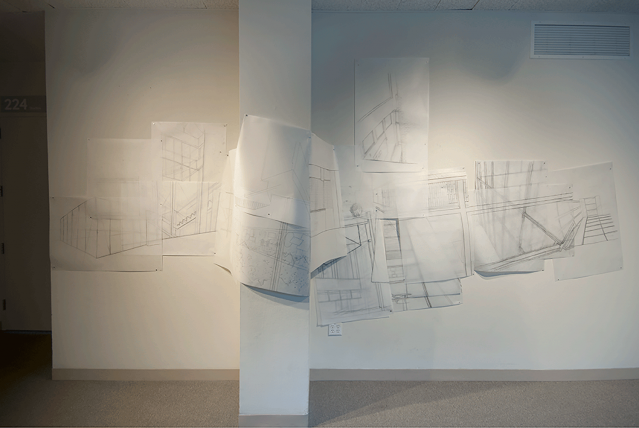 Multiple graphite perspective drawings layering on top of each other