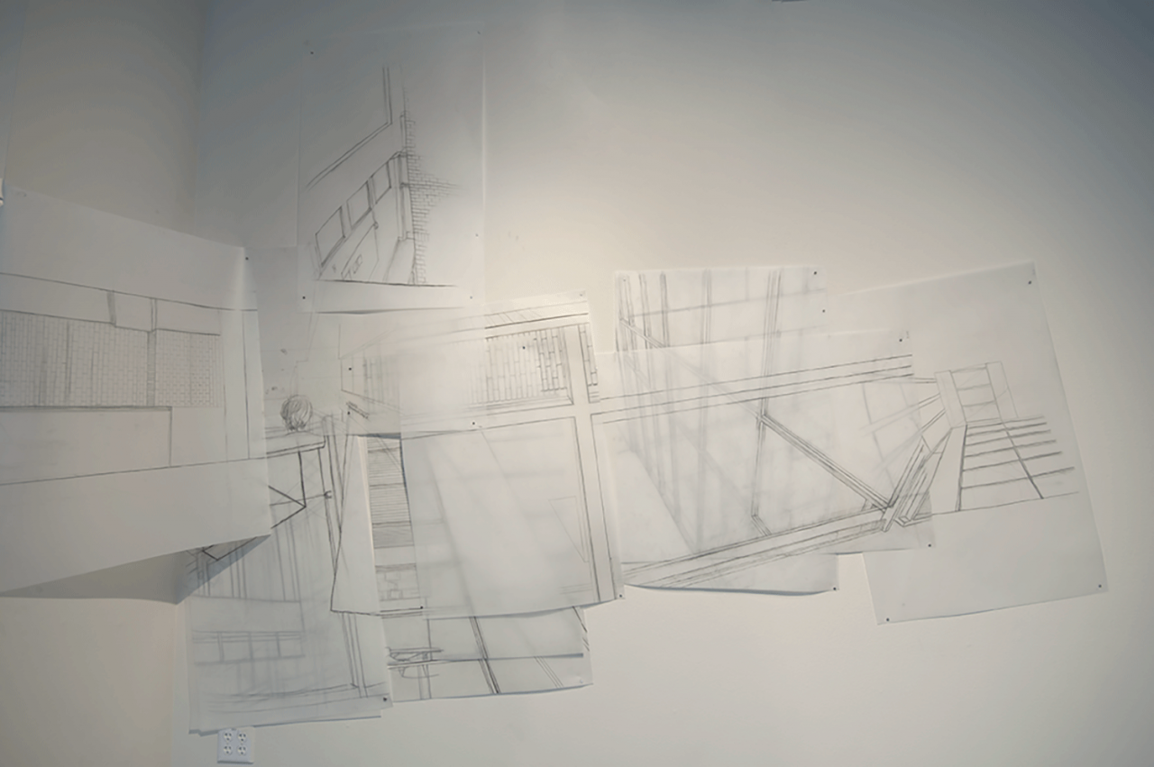 Multiple graphite perspective drawings layering on top of each other