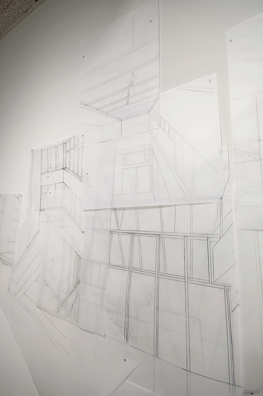 Multiple graphite perspective drawings layering on top of each other