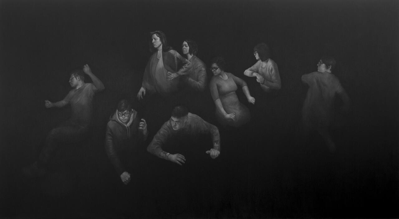 Oil on canvas painting of immigrants in the dark